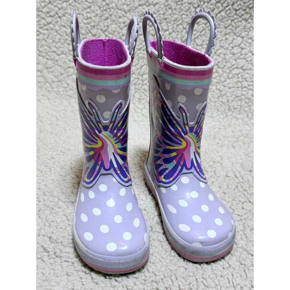 Member's Mark Girls Purple Butterfly Polka Dot Rain Boots Size 7/8 Pull OnRubber